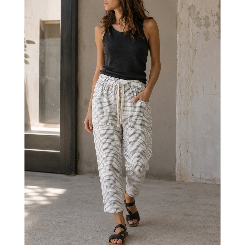 LAUDE the Label Lenora Cotton Linen Check Tapered Utility Pants Cream XS
